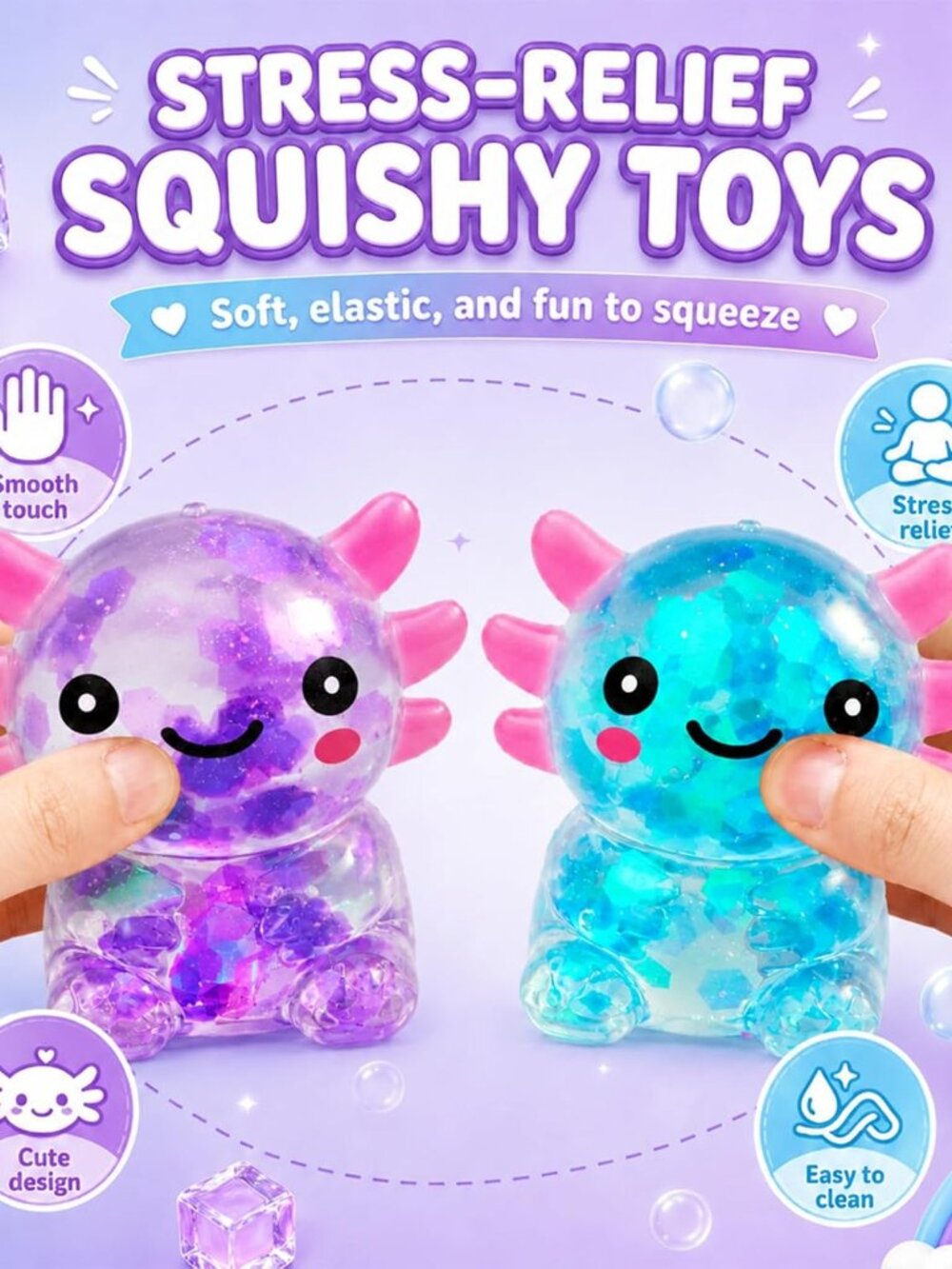 2 Pack Axolotl Squishy Fidget Toys Glitter Stress Relief Squeeze Toys Blue Purpl